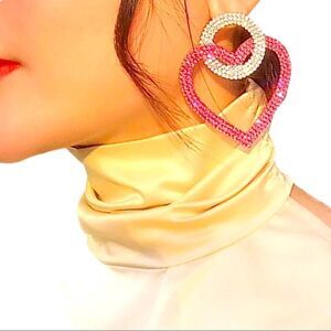 Big Pink Crystal Hearts White Circular Dangle Statement Earrings NEW